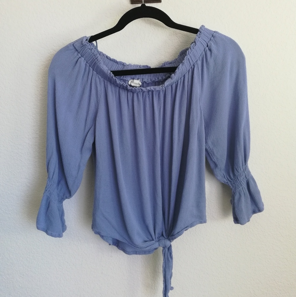 *Crescent Blue Rayon Gauze boho front tie crop top Peasant Coastal Cottage Flowy